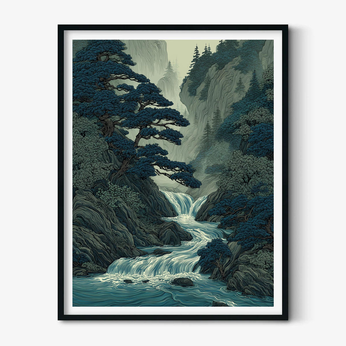 Mountain Waterfall Poster, Asian Forest Wall Art, Blue River Art Print, Zen Nature Decor