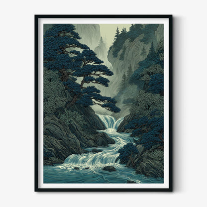 Mountain Waterfall Poster, Asian Forest Wall Art, Blue River Art Print, Zen Nature Decor