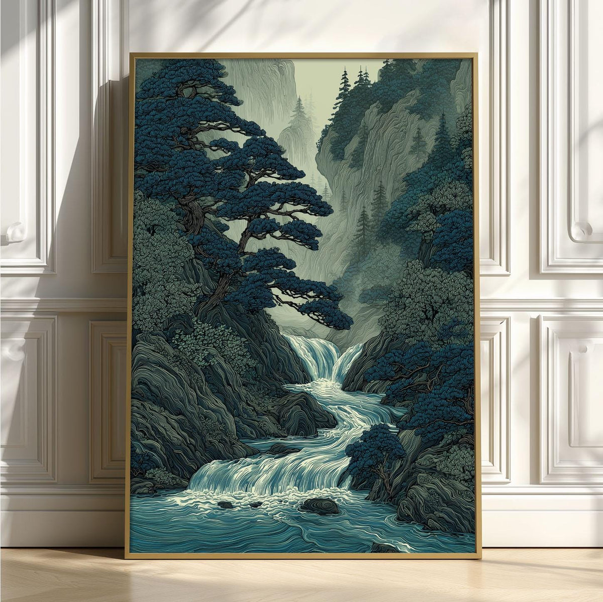 Mountain Waterfall Poster, Asian Forest Wall Art, Blue River Art Print, Zen Nature Decor