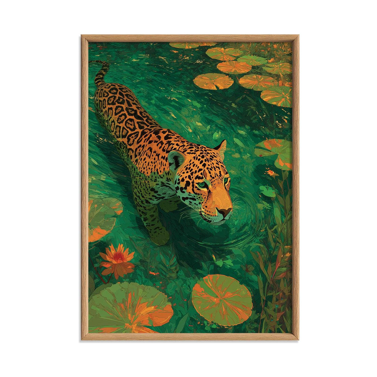 Jaguar Poster Print, Tropical Wildlife Wall Art, Emerald Water Art Print, Jungle Animal Decor
