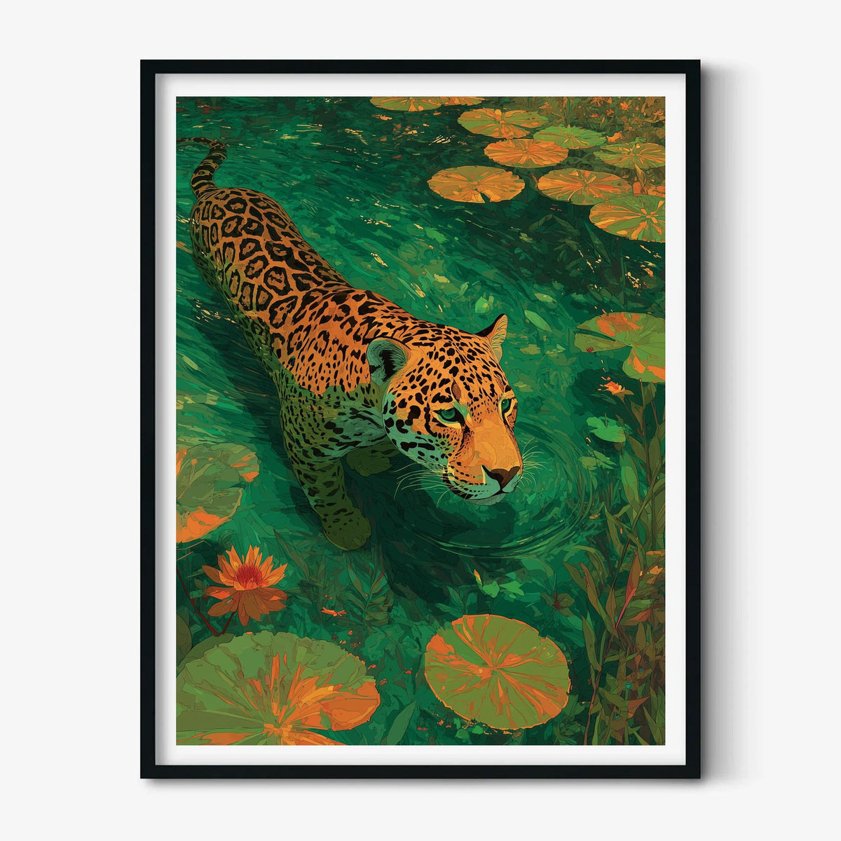 Jaguar Poster Print, Tropical Wildlife Wall Art, Emerald Water Art Print, Jungle Animal Decor