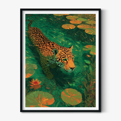 Jaguar Poster Print, Tropical Wildlife Wall Art, Emerald Water Art Print, Jungle Animal Decor