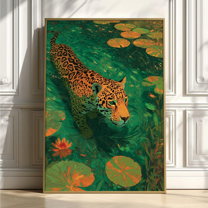 Jaguar Poster Print, Tropical Wildlife Wall Art, Emerald Water Art Print, Jungle Animal Decor
