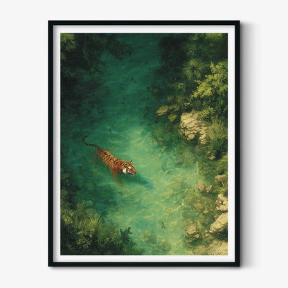 Tiger Poster | Emerald River Wall Art | Jungle Wildlife Art Print | Tropical Nature Decor