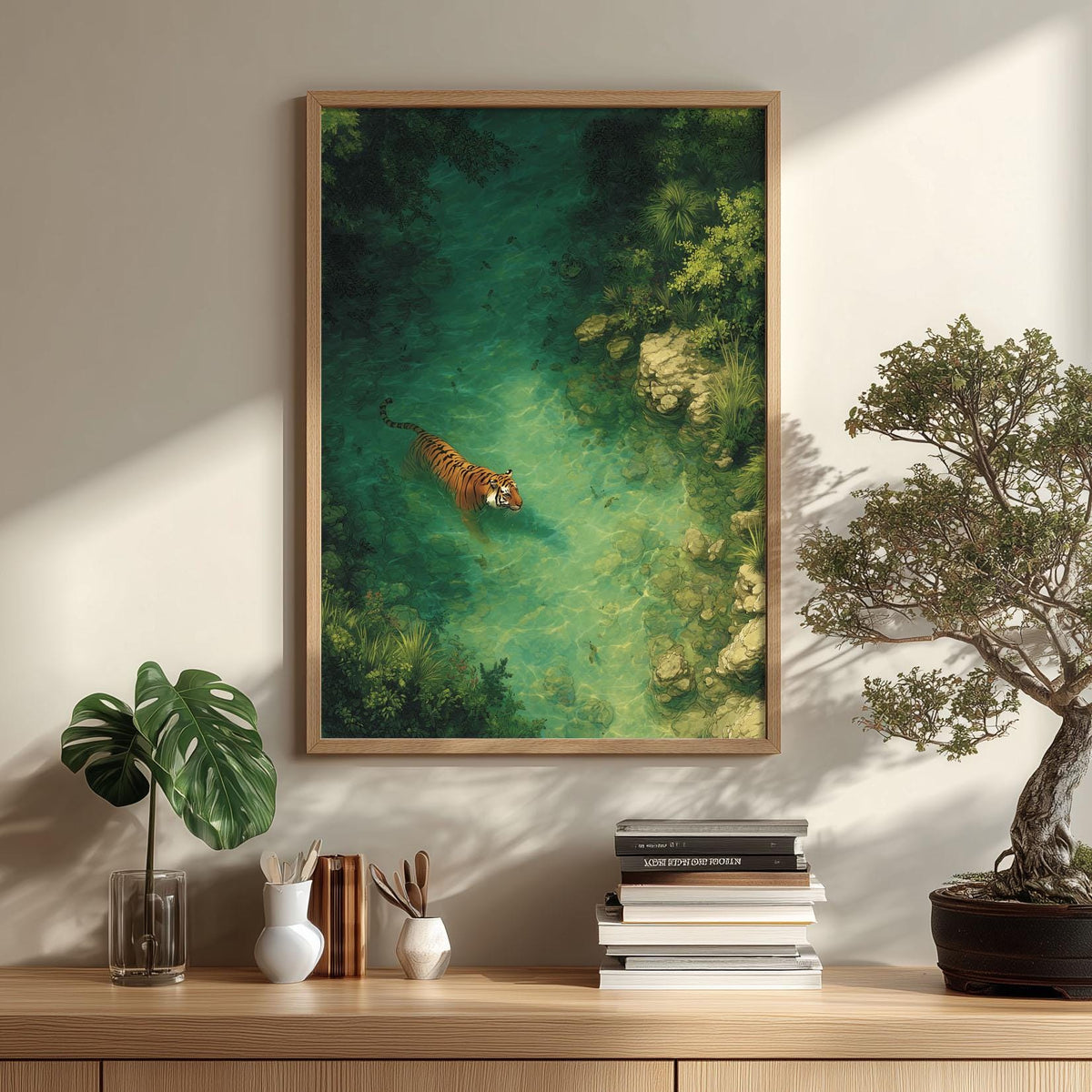 Tiger Poster | Emerald River Wall Art | Jungle Wildlife Art Print | Tropical Nature Decor