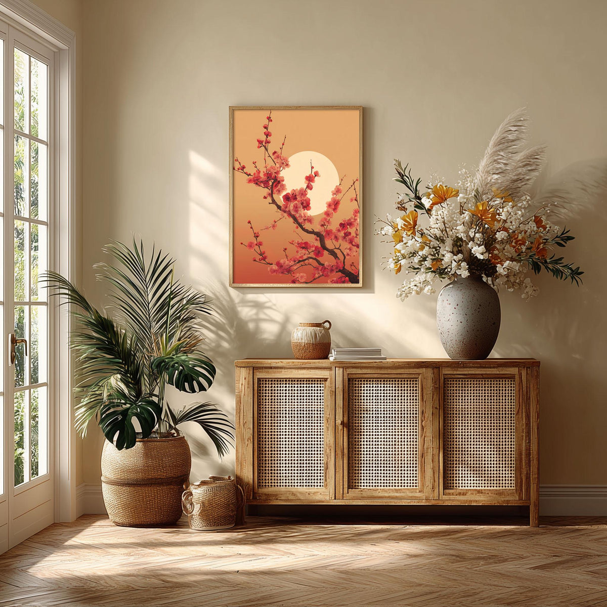 Cherry Blossom Poster, Pink Floral Wall Art, Moon Botanical Art Print, Japandi Spring Decor