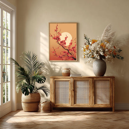 Cherry Blossom Poster, Pink Floral Wall Art, Moon Botanical Art Print, Japandi Spring Decor