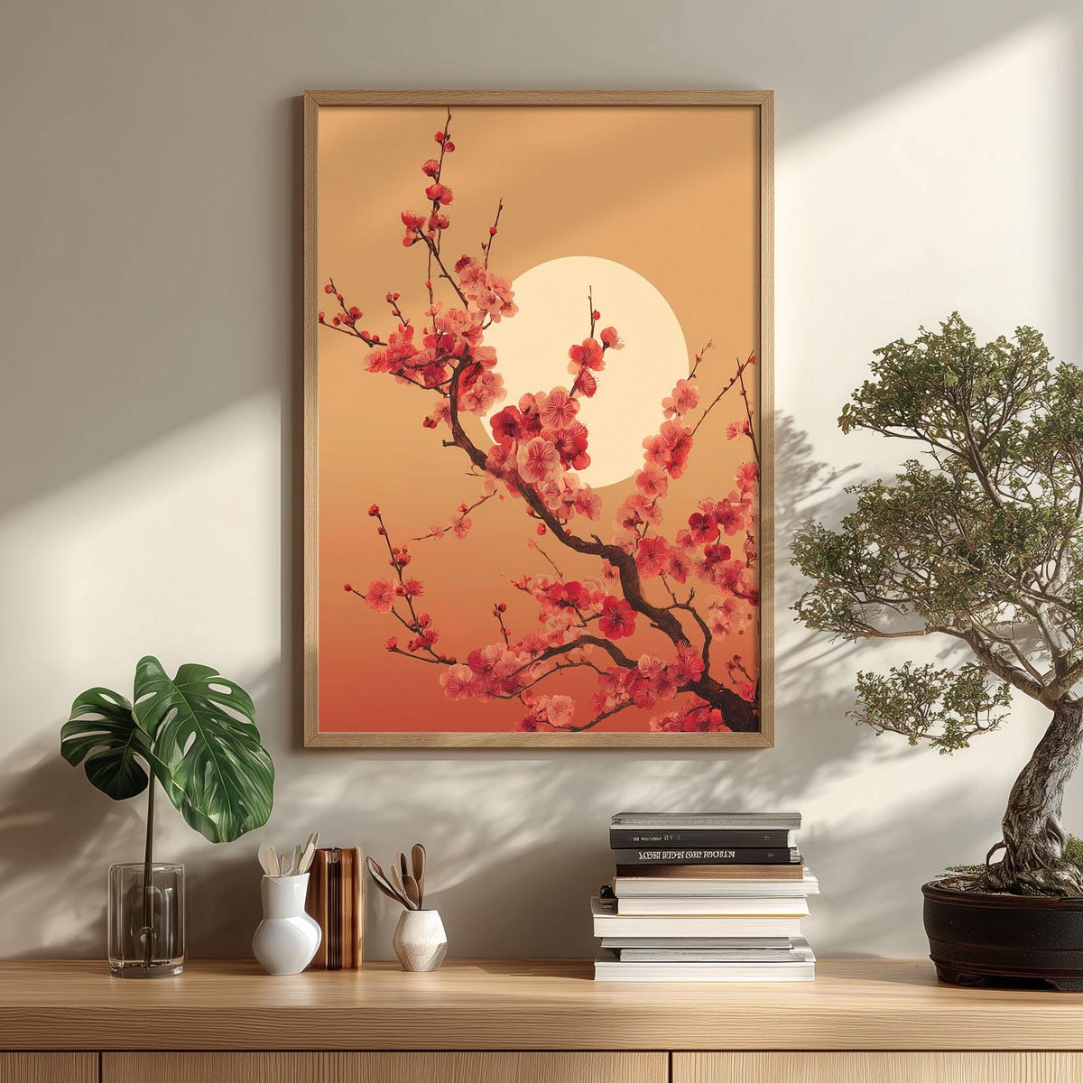 Cherry Blossom Poster, Pink Floral Wall Art, Moon Botanical Art Print, Japandi Spring Decor