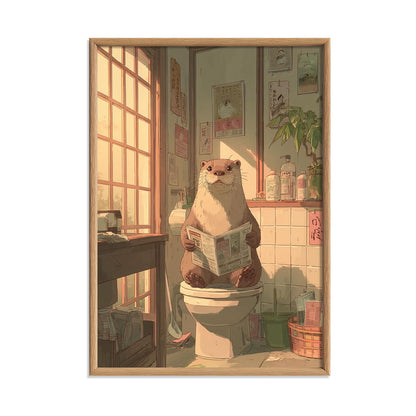 Otter Reading Newspaper Bathroom Art Print, Whimsical Toilet Wall Art Poster