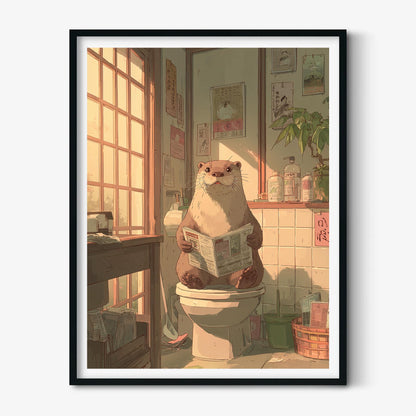 Otter Reading Newspaper Bathroom Art Print, Whimsical Toilet Wall Art Poster