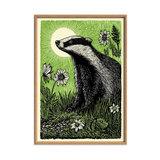 Badger Poster | Green Linocut Wall Art | Woodland Animal Art Print | Cottagecore Nature Decor