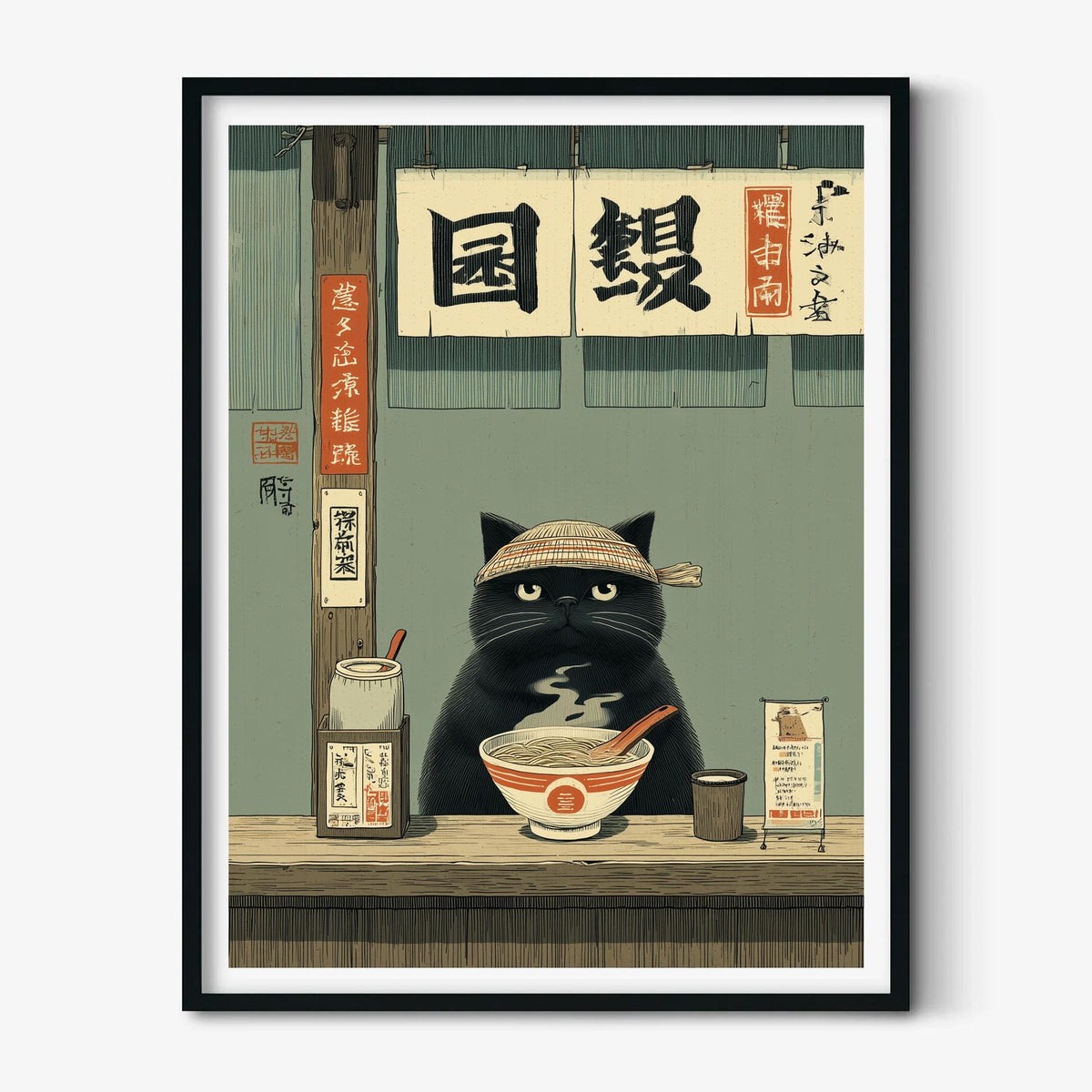Black Cat Ramen Poster, Japanese Noodle Bar Wall Art, Quirky Kitchen Decor