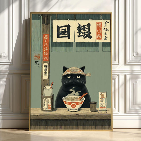 Black Cat Ramen Poster, Japanese Noodle Bar Wall Art, Quirky Kitchen Decor