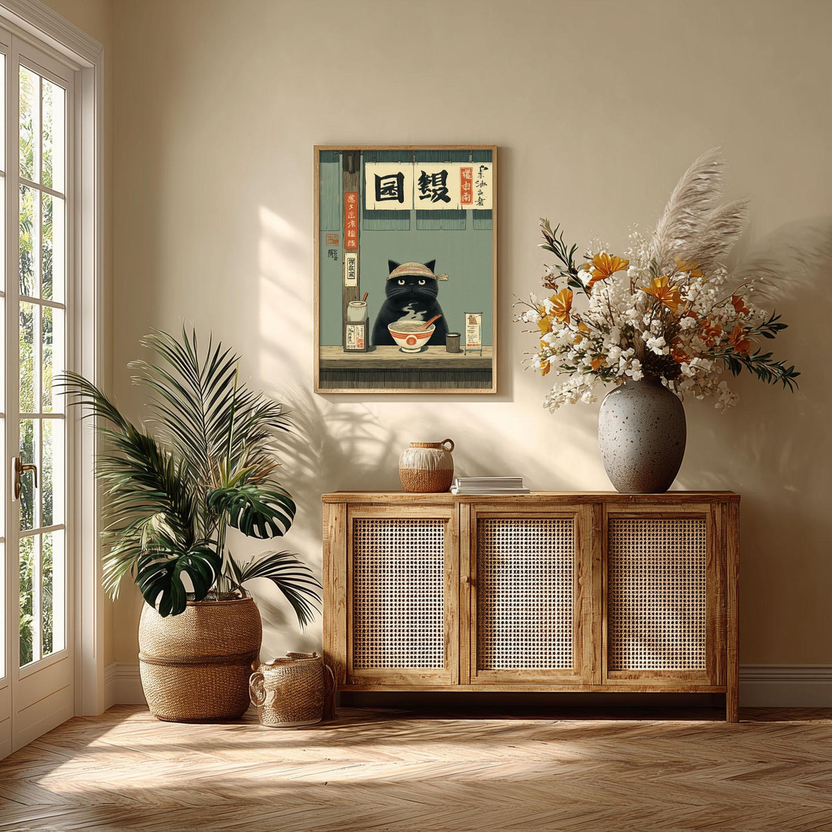 Black Cat Ramen Poster, Japanese Noodle Bar Wall Art, Quirky Kitchen Decor