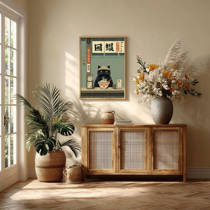 Black Cat Ramen Poster, Japanese Noodle Bar Wall Art, Quirky Kitchen Decor