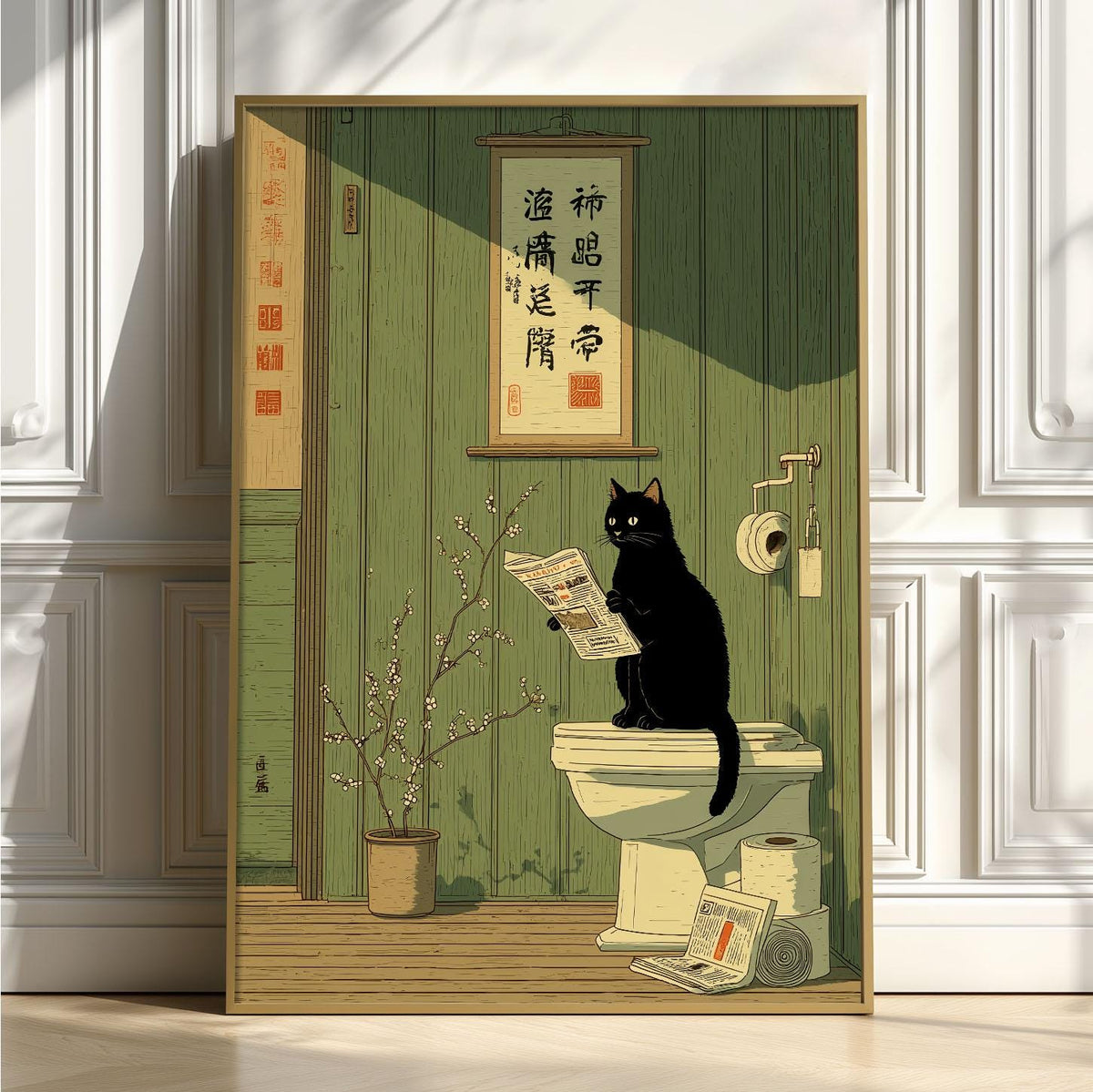 Black Cat Toilet Print | Japanese Ramen Cat Poster, Quirky Bathroom Art