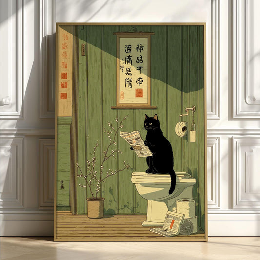 Black Cat Toilet Print | Japanese Ramen Cat Poster, Quirky Bathroom Art