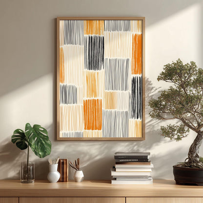 Boho Abstract Print | Orange Black Geometric Mid Century Wall Art