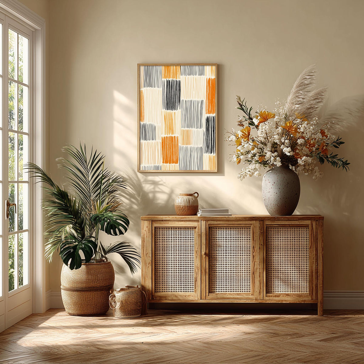 Boho Abstract Print | Orange Black Geometric Mid Century Wall Art
