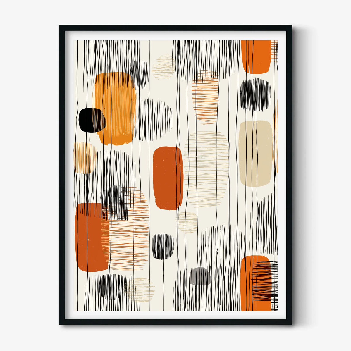 Boho Abstract Print, Orange Black Mid Century Line Art, Geometric Wall Decor