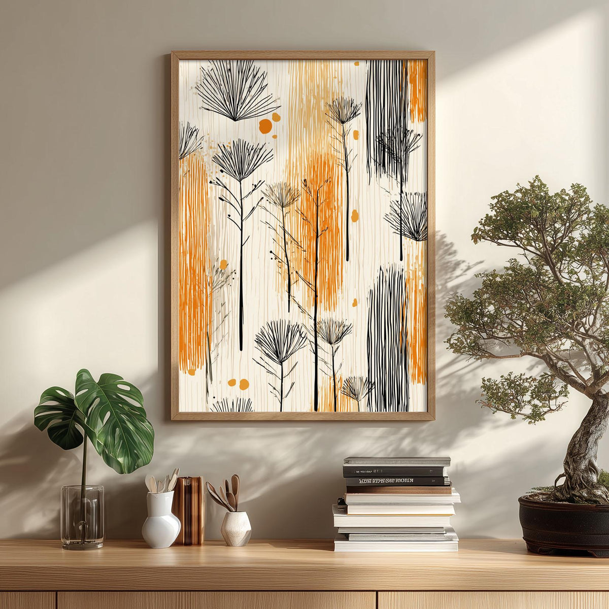 Boho Botanical Print, Mid Century Abstract Wall Art, Orange Black Floral Poster