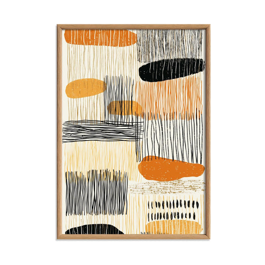 Boho Abstract Print, Orange Black Mid Century Geometric Art, Modern Minimal