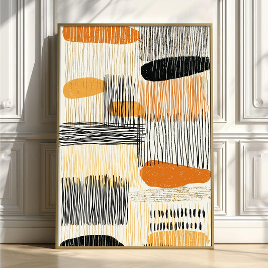 Boho Abstract Print, Orange Black Mid Century Geometric Art, Modern Minimal