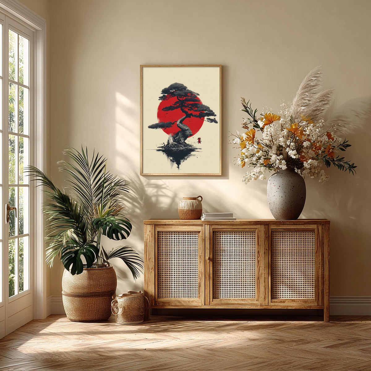 Bonsai Tree Print | Japanese Red Sun Wall Art | Minimalist Japandi Decor