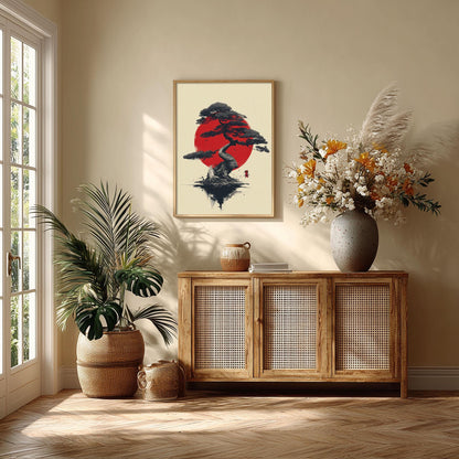 Bonsai Tree Print | Japanese Red Sun Wall Art | Minimalist Japandi Decor