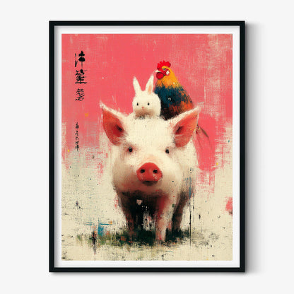 Whimsical Pig Rabbit Rooster Farm Animal Print, Pink Nursery Wall Art