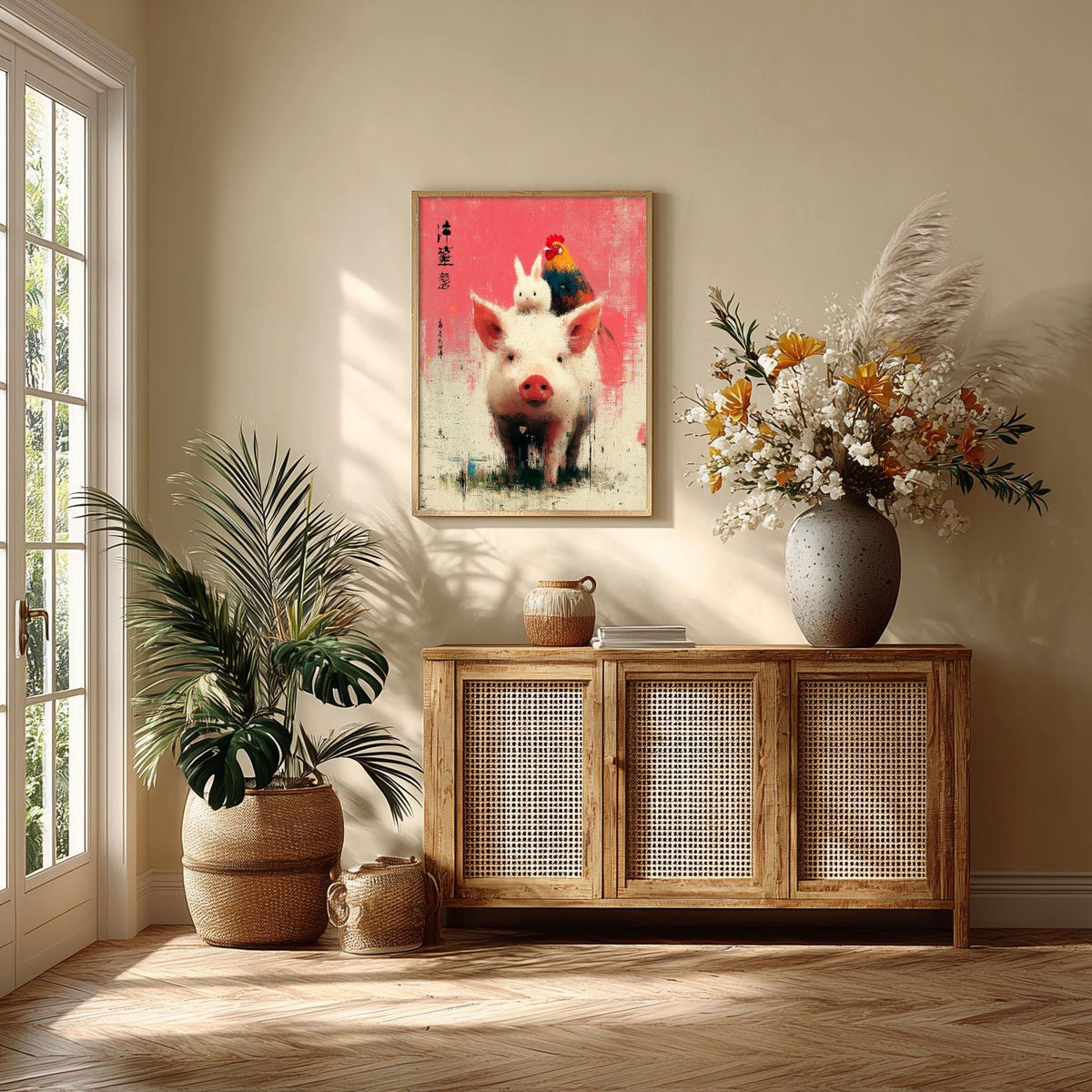 Whimsical Pig Rabbit Rooster Farm Animal Print, Pink Nursery Wall Art