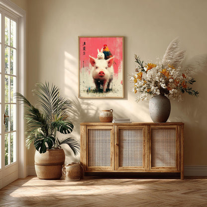 Whimsical Pig Rabbit Rooster Farm Animal Print, Pink Nursery Wall Art