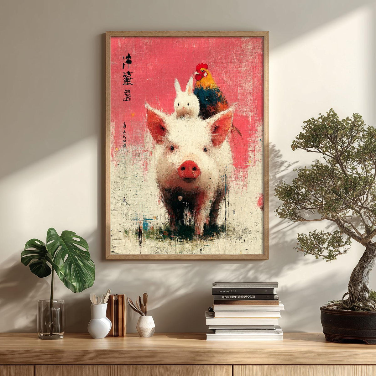 Whimsical Pig Rabbit Rooster Farm Animal Print, Pink Nursery Wall Art