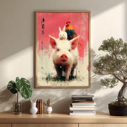 Whimsical Pig Rabbit Rooster Farm Animal Print, Pink Nursery Wall Art