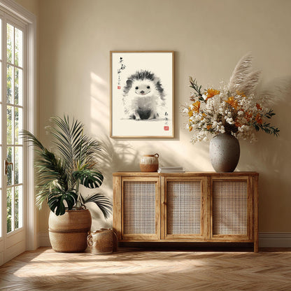 Hedgehog Art Print | Cute Animal Wall Art | Chinese Ink Poster | Nursery Woodland Decor