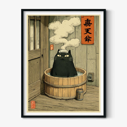 Black Cat Print, Japanese Bath Wall Art, Funny Cat Poster, Quirky Bathroom Decor