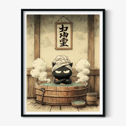 Black Cat Wall Art Print | Japanese Bath Poster | Funny Cat Art Print | Quirky Spa Decor