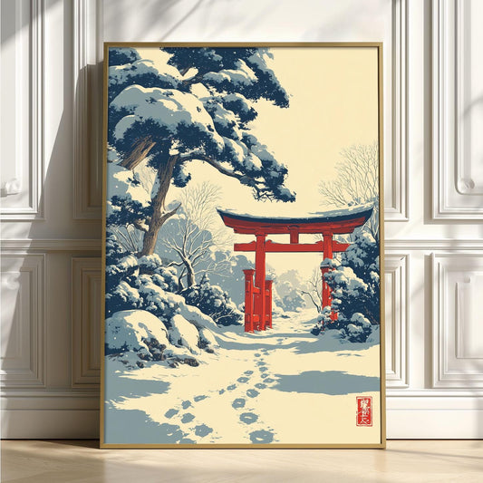 Snowy Torii Gate Art Print, Japanese Winter Wall Art, Red Shrine Poster, Zen Landscape Decor