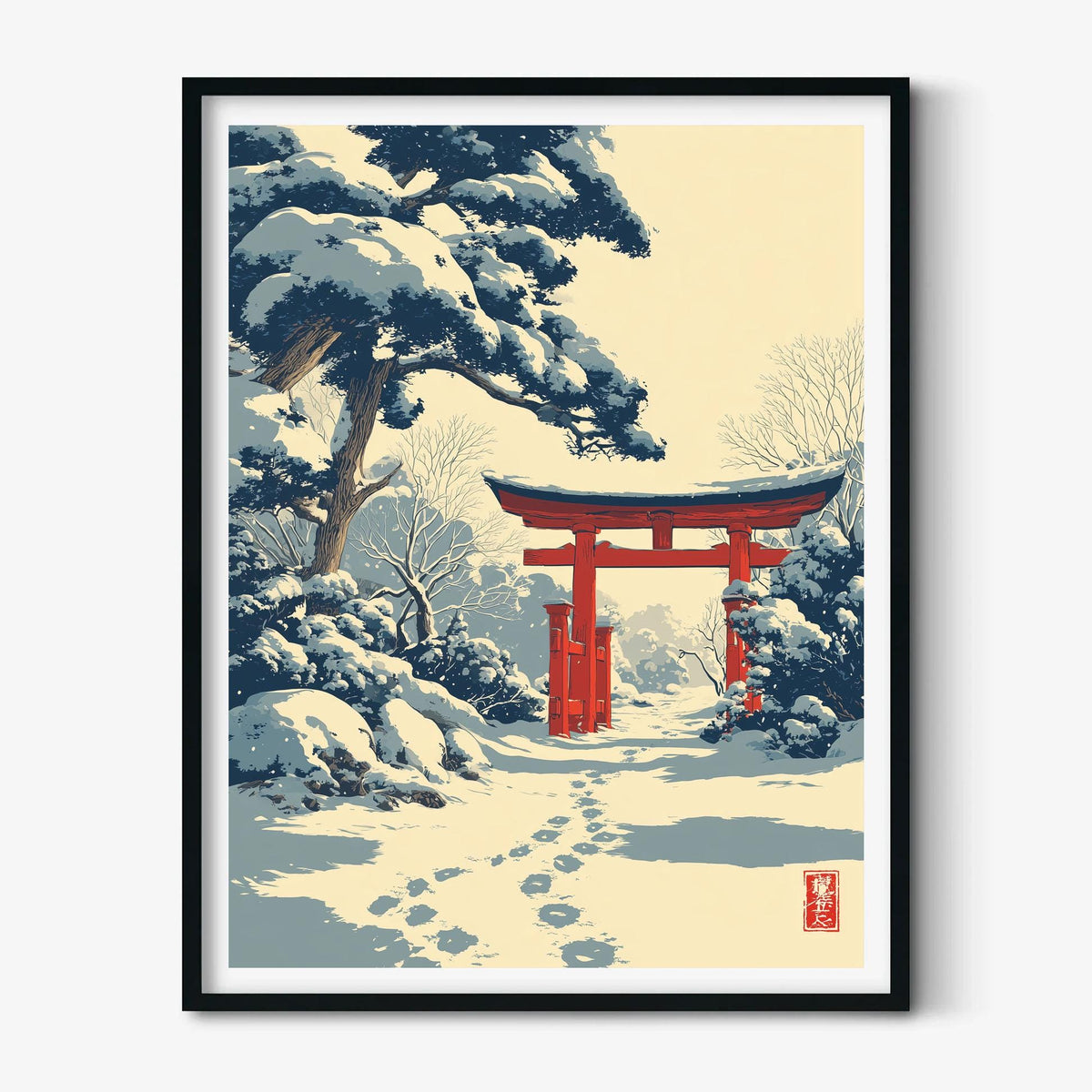 Snowy Torii Gate Art Print, Japanese Winter Wall Art, Red Shrine Poster, Zen Landscape Decor