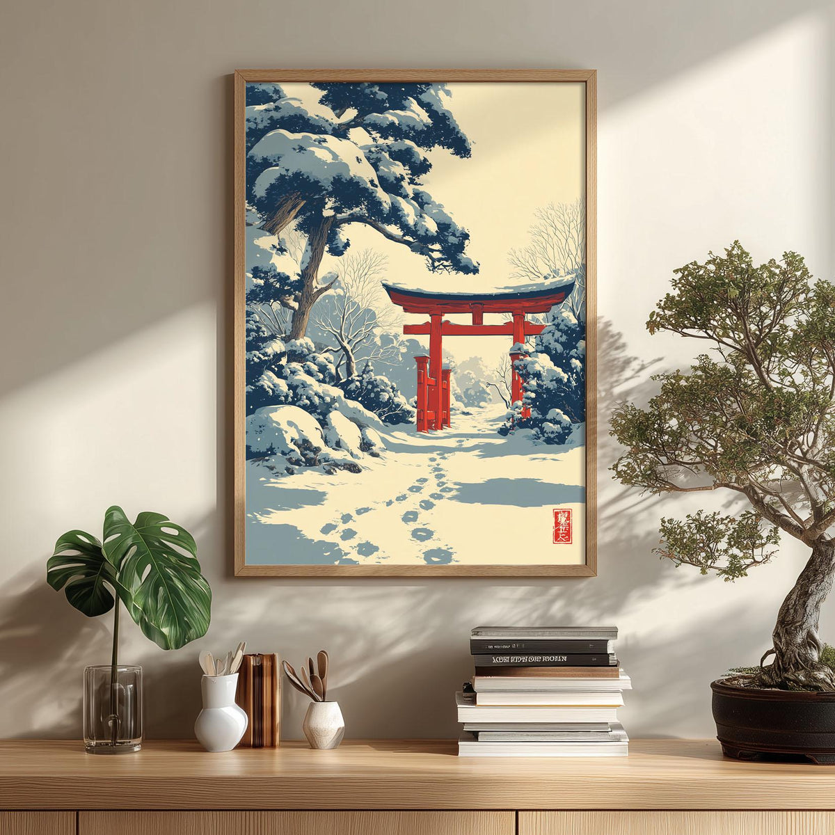 Snowy Torii Gate Art Print, Japanese Winter Wall Art, Red Shrine Poster, Zen Landscape Decor