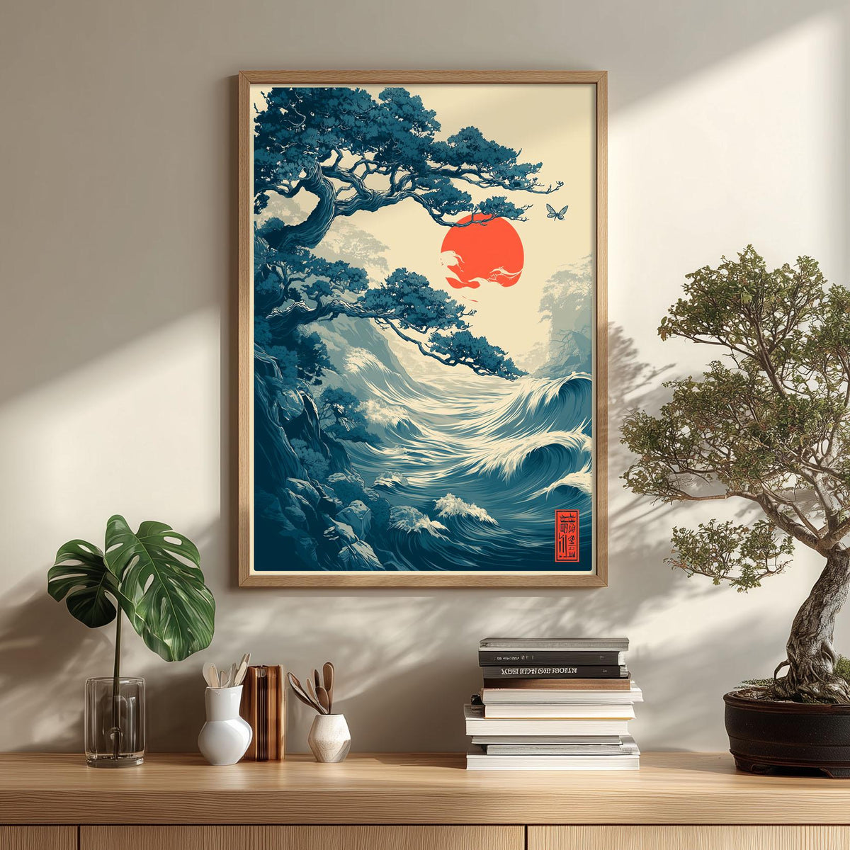 Japanese Wave Wall Art Print, Coastal Poster, Red Sun Art Print, Ukiyo-e Ocean Decor