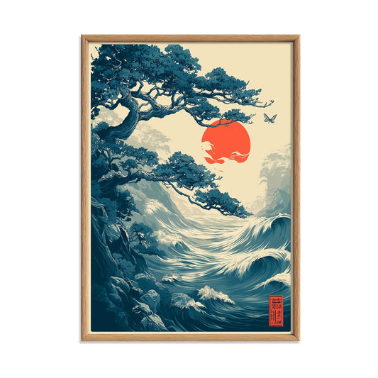 Japanese Wave Wall Art Print, Coastal Poster, Red Sun Art Print, Ukiyo-e Ocean Decor