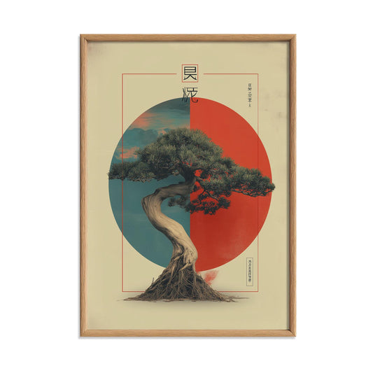 Bonsai Tree Poster | Japanese Wall Art | Red Sun Art Print | Minimal Japandi Decor