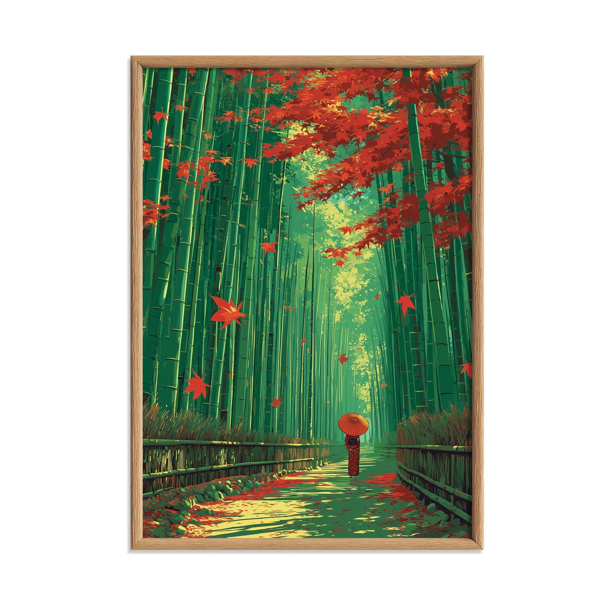 Bamboo Forest Poster, Japanese Autumn Wall Art, Woman with Umbrella Print