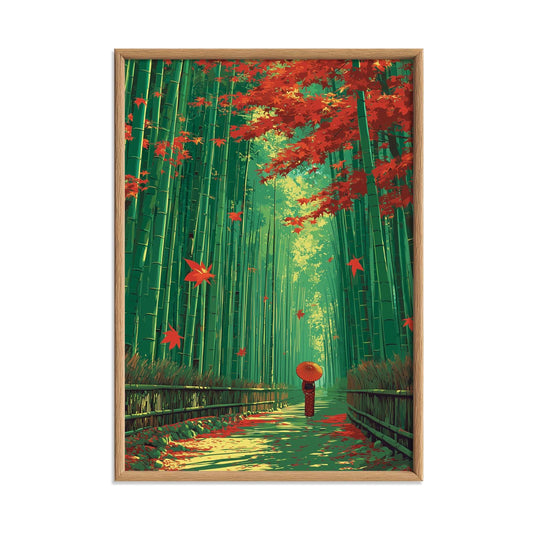 Bamboo Forest Poster, Japanese Autumn Wall Art, Woman with Umbrella Print