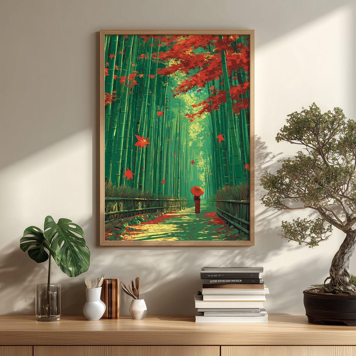 Bamboo Forest Poster, Japanese Autumn Wall Art, Woman with Umbrella Print