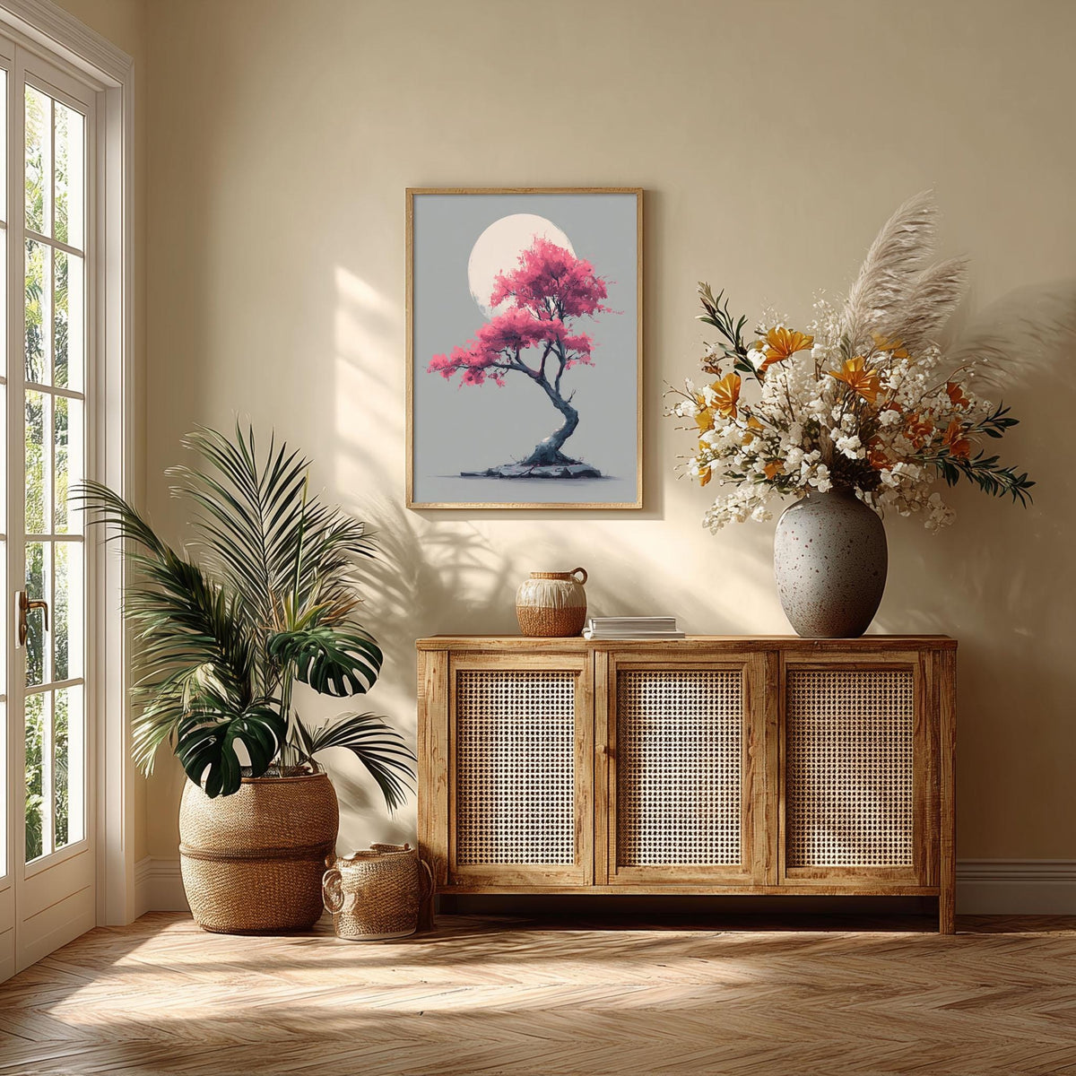 Cherry Blossom Art Print, Pink Moon Wall Art, Japanese Tree Poster, Minimal Japandi Decor