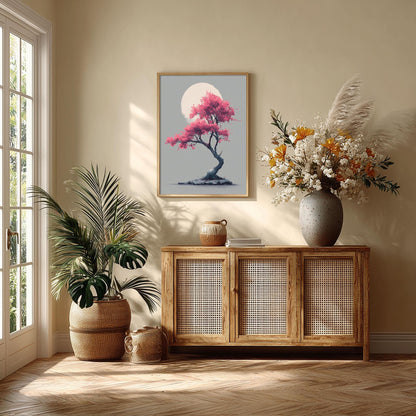 Cherry Blossom Art Print, Pink Moon Wall Art, Japanese Tree Poster, Minimal Japandi Decor