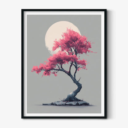 Cherry Blossom Art Print, Pink Moon Wall Art, Japanese Tree Poster, Minimal Japandi Decor