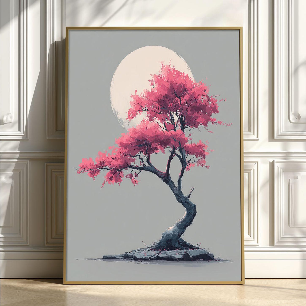 Cherry Blossom Art Print, Pink Moon Wall Art, Japanese Tree Poster, Minimal Japandi Decor